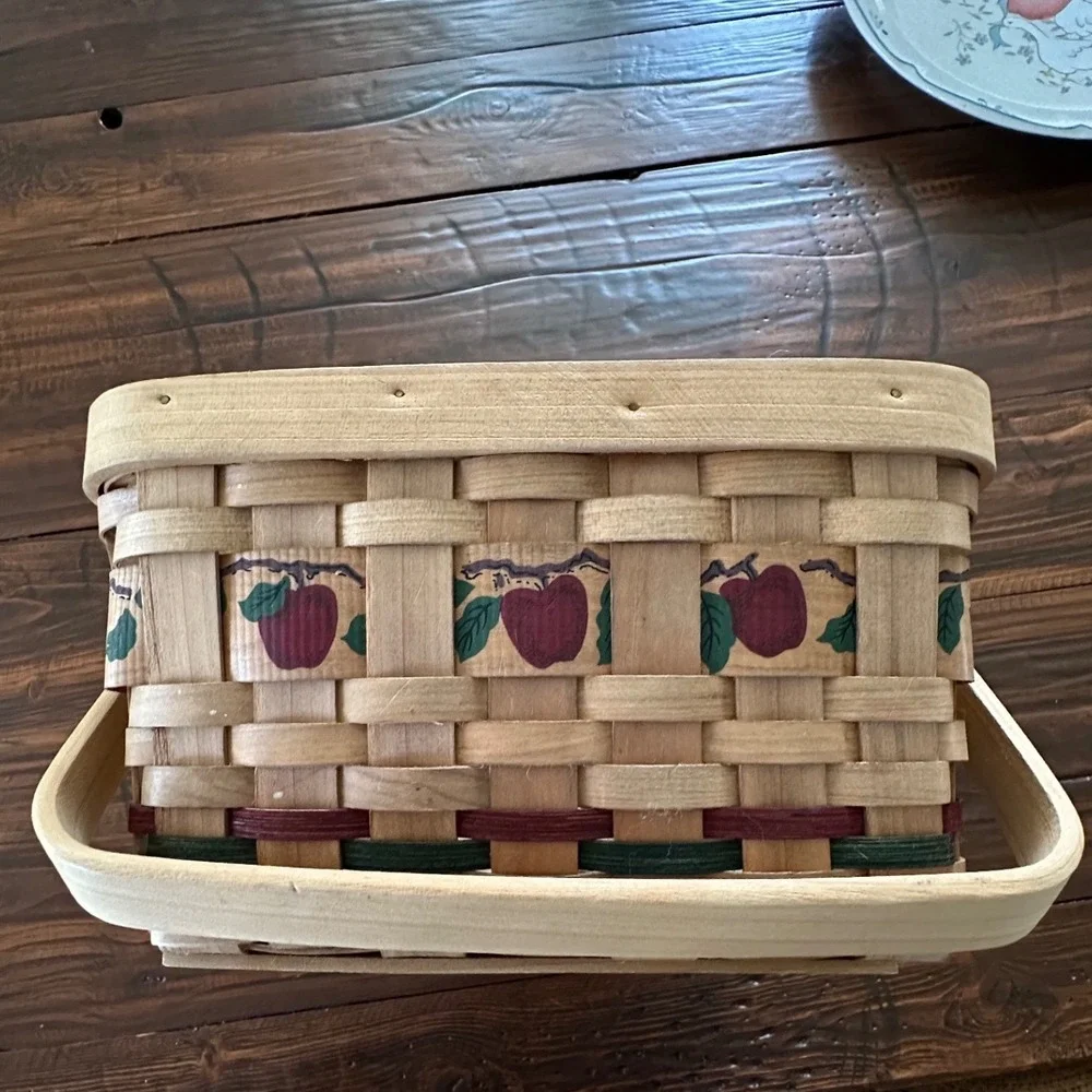 Vintage Woven Wood Splint Apple Basket Farmhouse Decor Swing Handle Rectangular